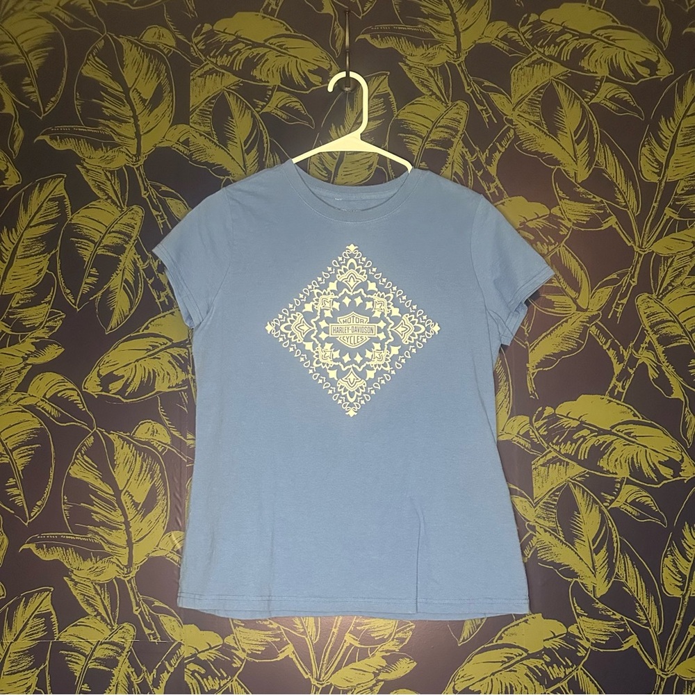 Harley-Davidson Blue Cap Sleeve Tee with Geometric Design